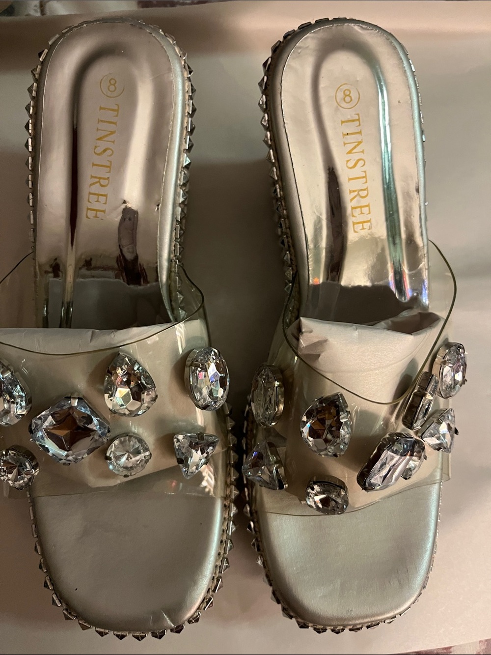 Tinstree Silver Jeweled Clear Strap Slide Mules